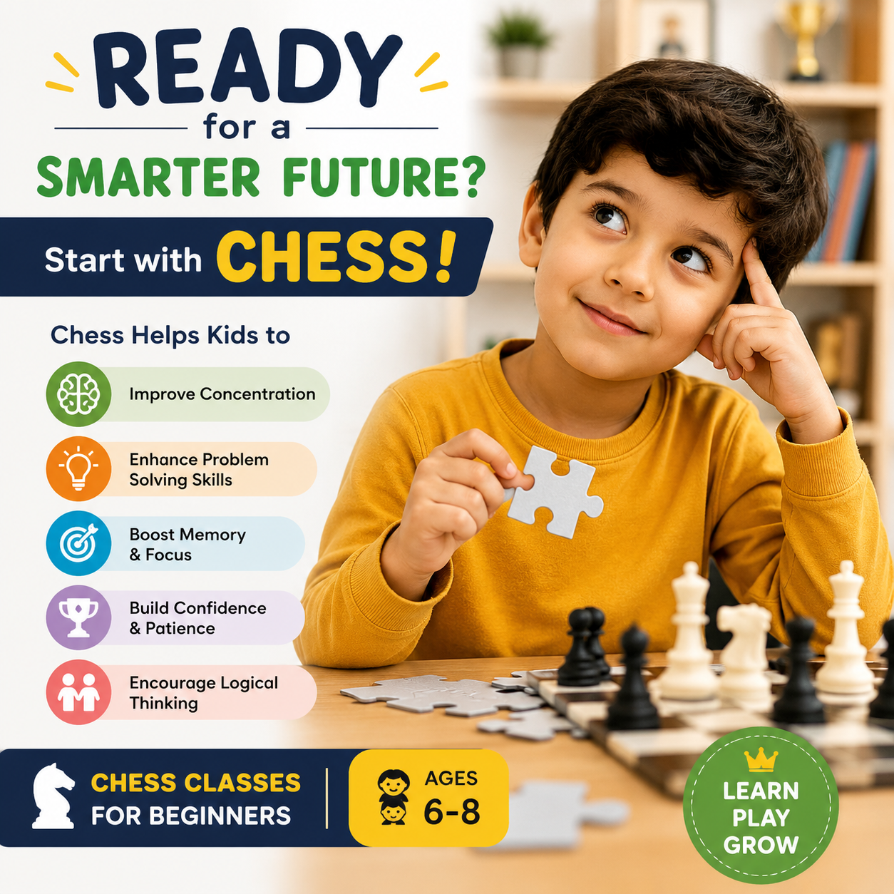 A curious child playing with puzzles, showing readiness for chess classes for beginners