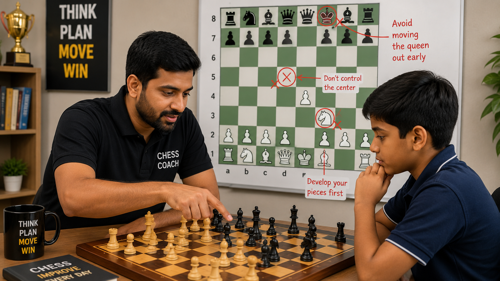 Professional chess coach reviewing board moves to correct common mistakes that prevent rating improvement