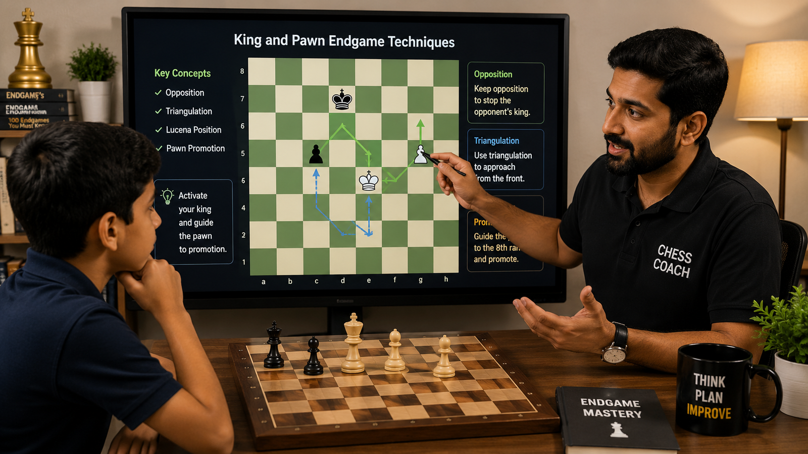 Expert chess trainer explaining king and pawn endgame techniques for rating improvement