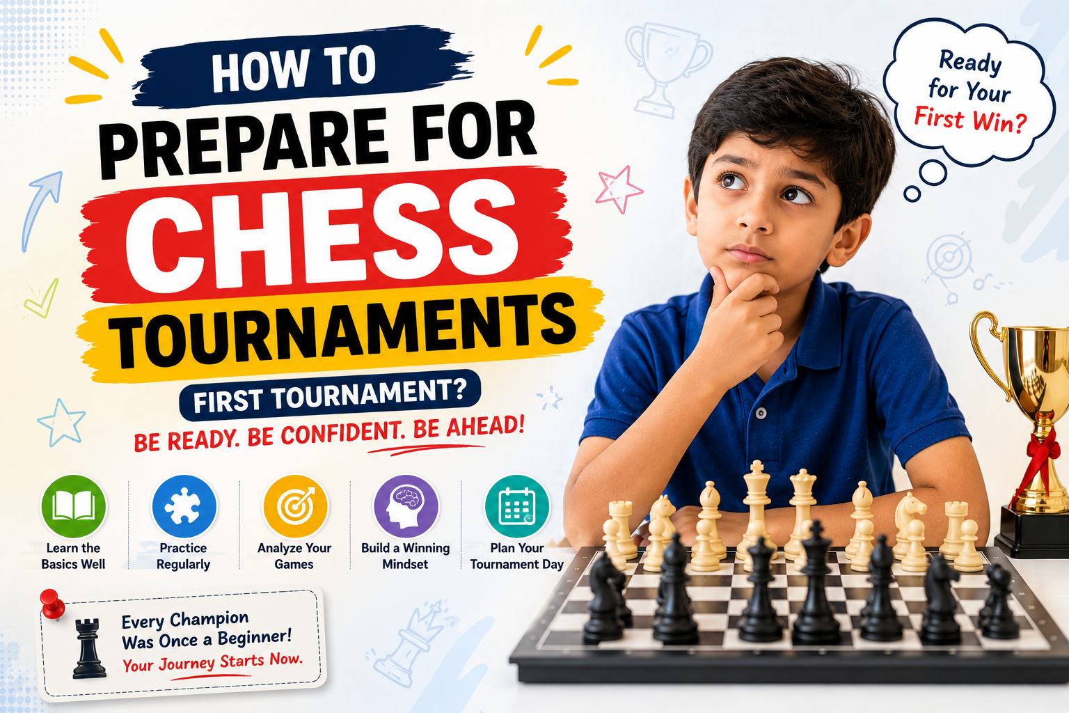A focused chess player learning how to prepare for chess tournaments using a digital chessboard and notebook