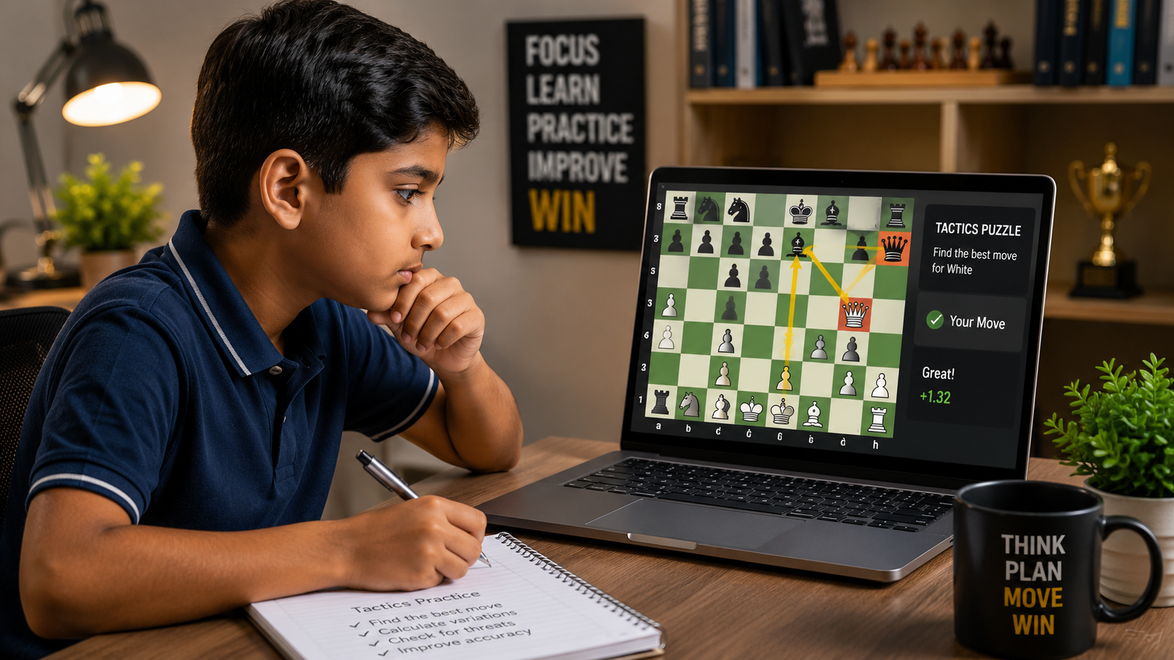 Student solving chess tactics on a digital board to improve calculation and chess skills
