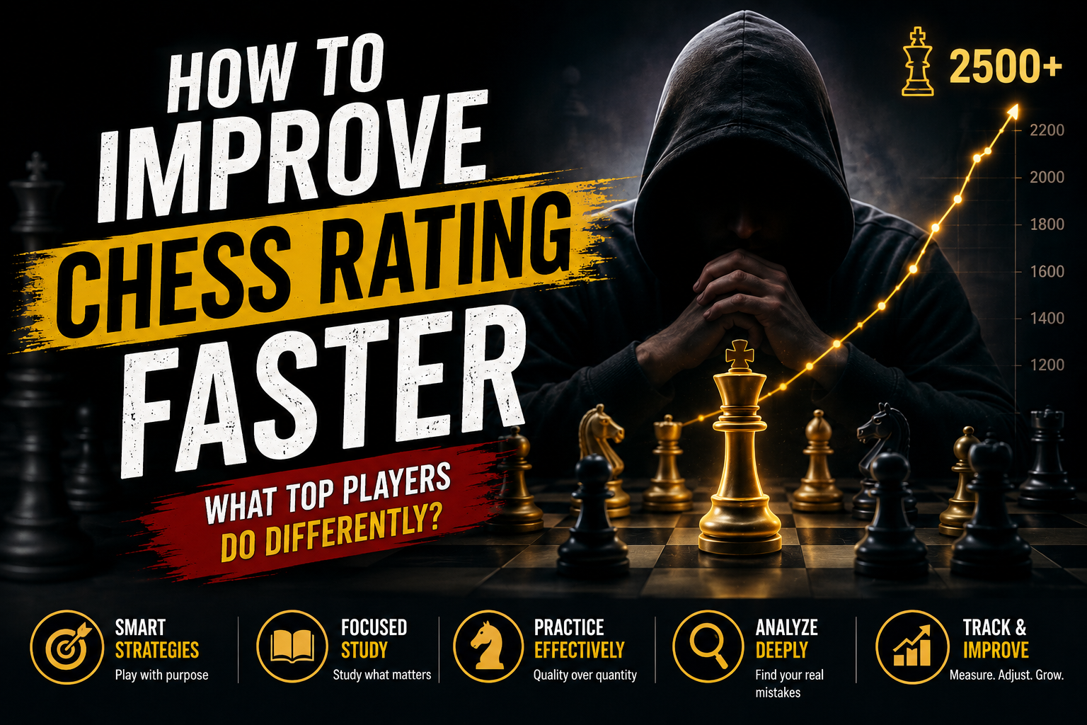 A focused chess player analyzing a completed game to understand how to improve chess rating