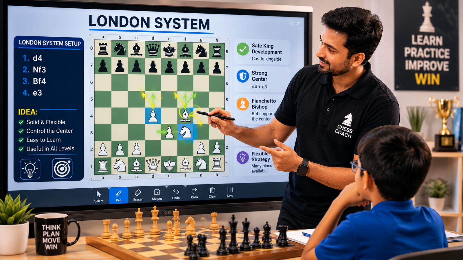 Coach explaining the London System chess opening