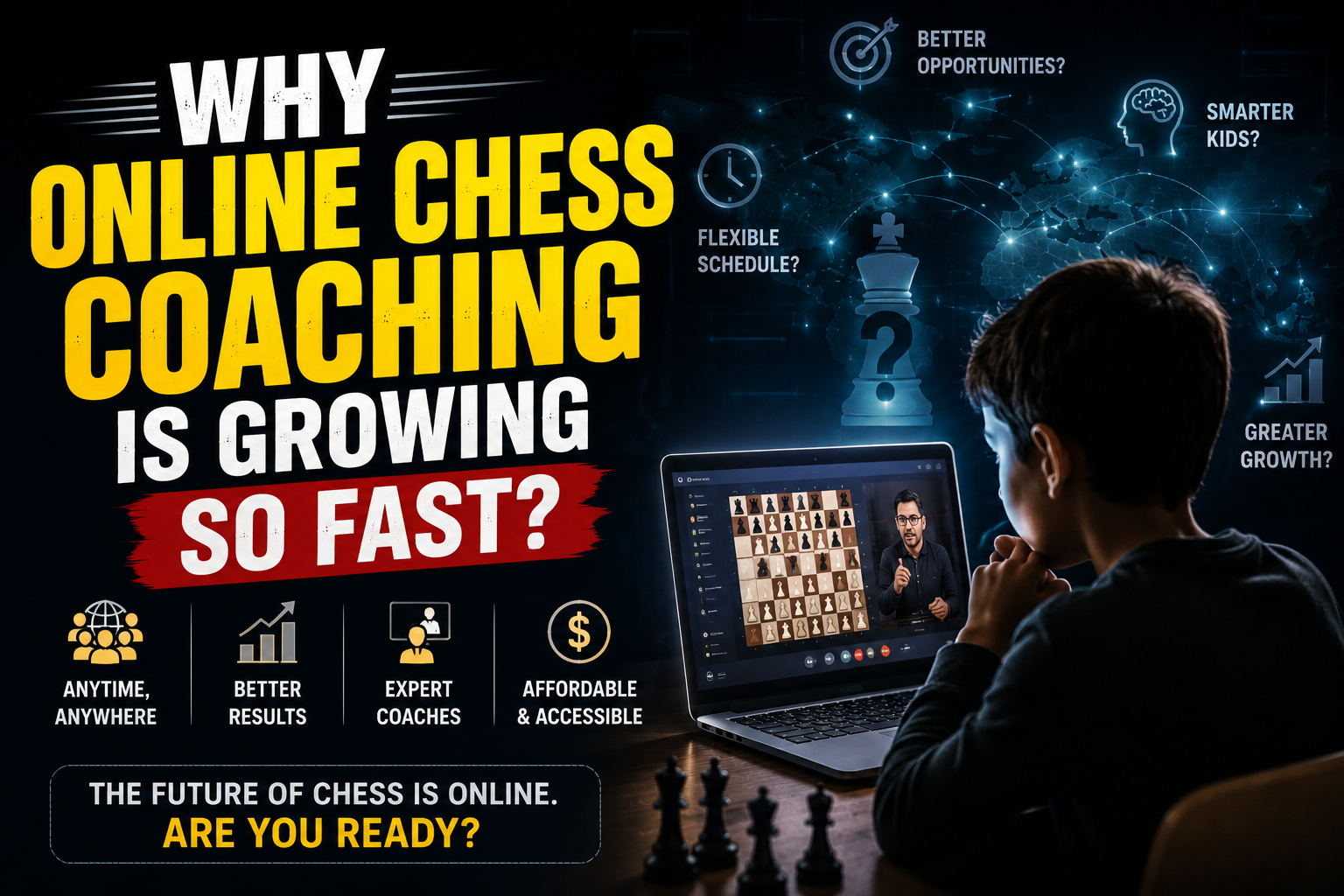 A young student smiling while attending an Online Chess Coaching session on a laptop