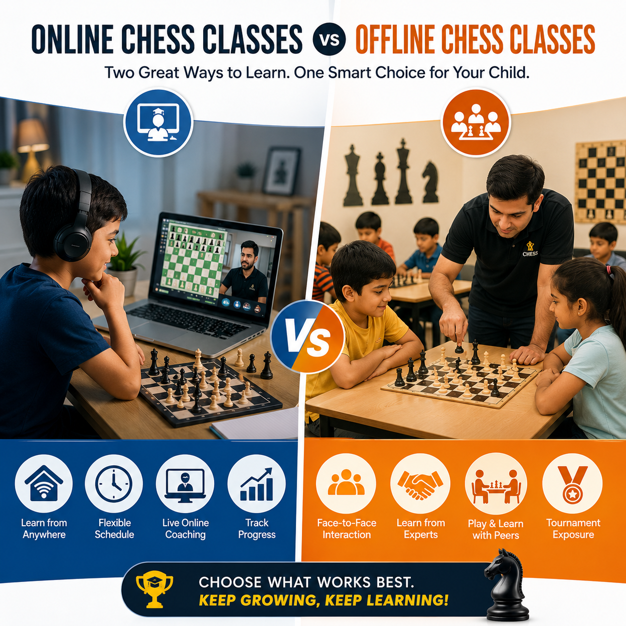 Student participating in online chess classes vs offline comparison