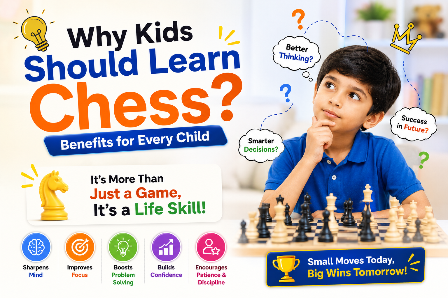 A young child deeply concentrating on a chessboard, illustrating exactly why kids should learn chess for better focus.