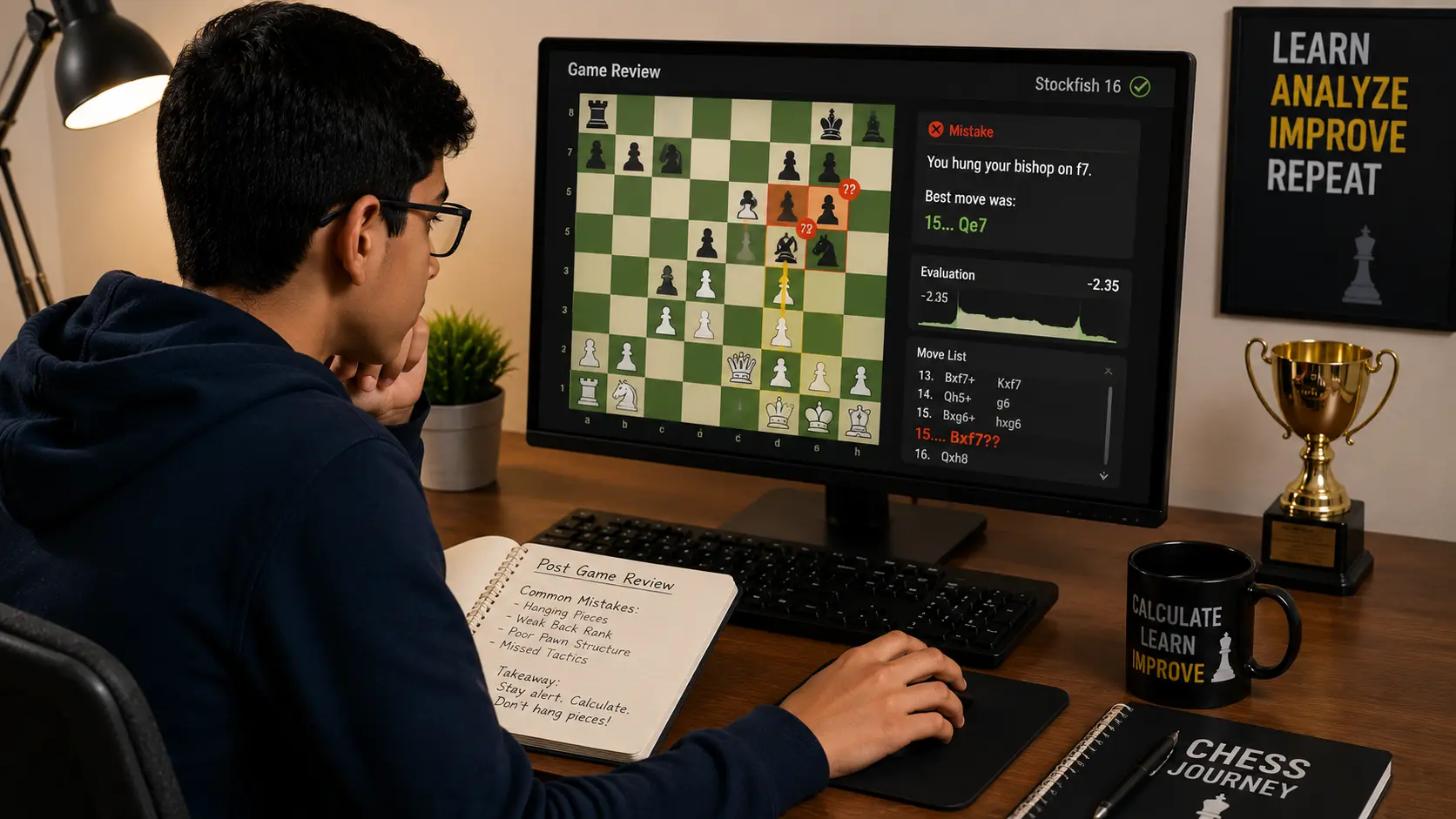 A chess student using a computer engine to review common chess mistakes after a tournament game.