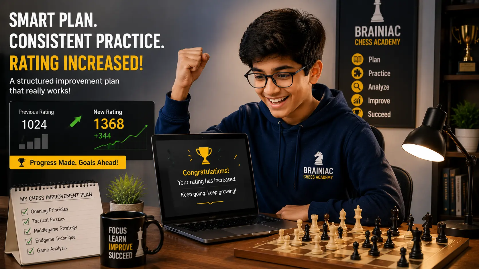 A happy student celebrating a rating increase after following a structured chess improvement plan at Brainiac Chess Academy.