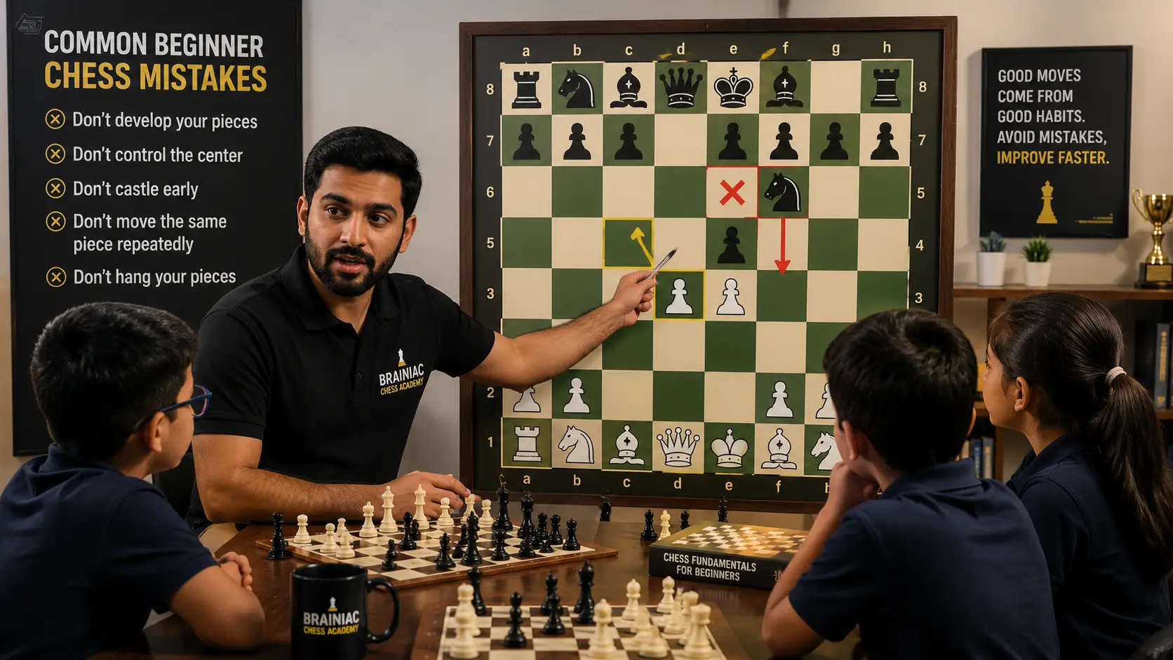 A professional coach explaining beginner chess mistakes and how to avoid them on a demonstration board.