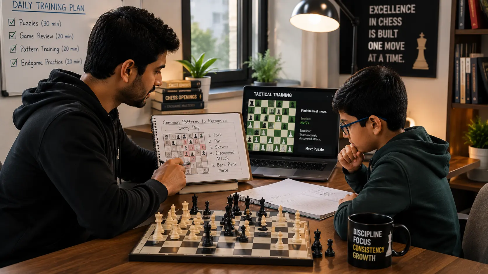 A professional coach guiding a student through daily chess training to boost pattern recognition.