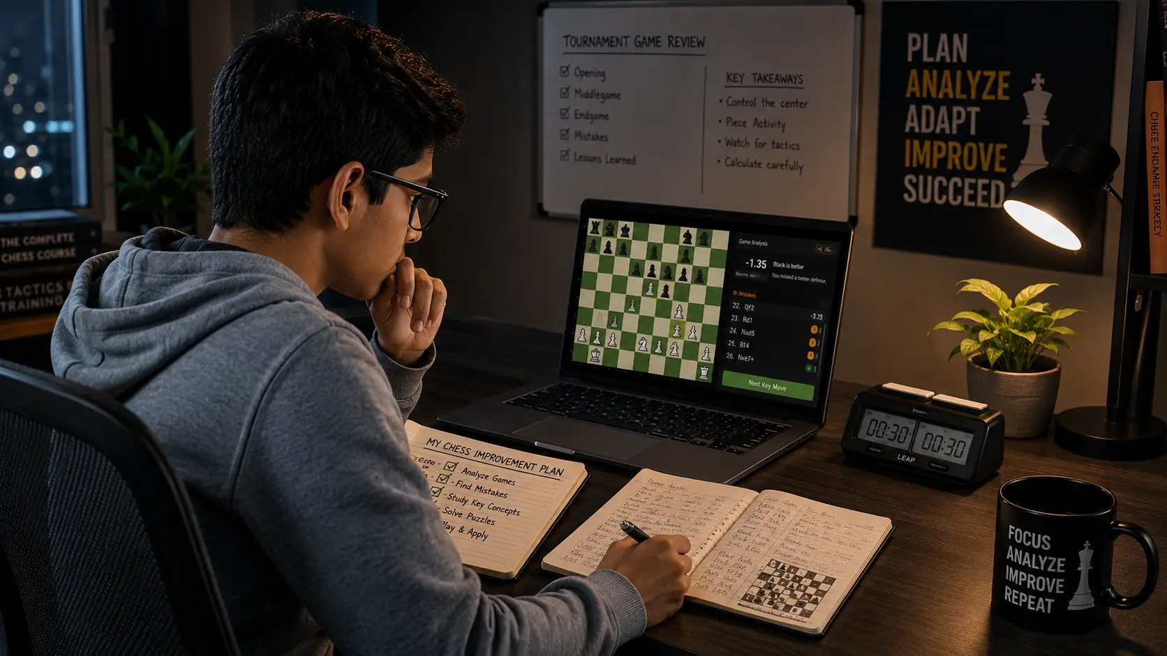 A student executing their chess improvement plan by deeply analyzing a completed tournament game on a laptop.