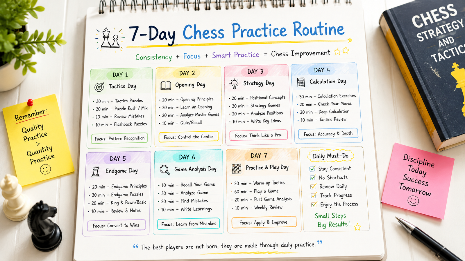 A written 7-day chess practice routine detailing specific activities for daily chess training.