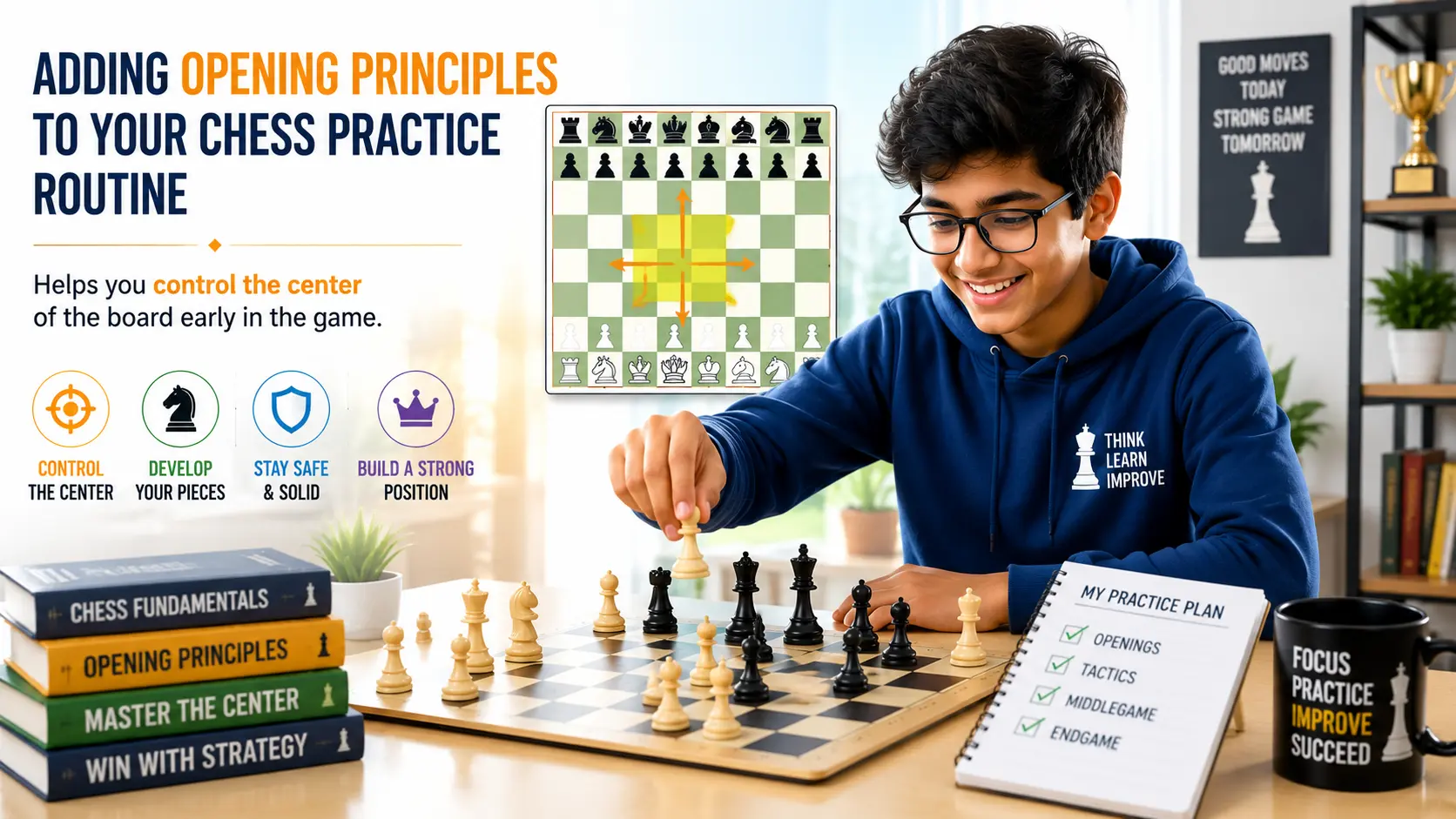 Adding opening principles to your chess practice routine helps you control the center of the board early in the game.