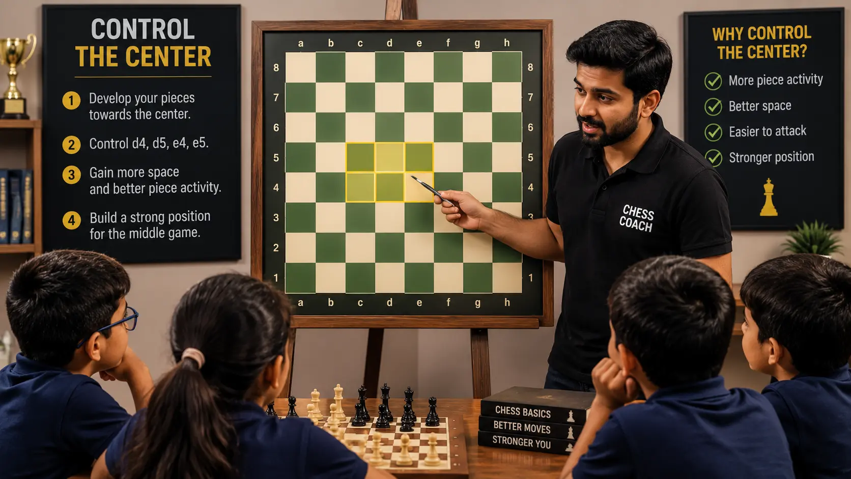 Highlighting the four center squares to demonstrate vital chess tips for beginners.