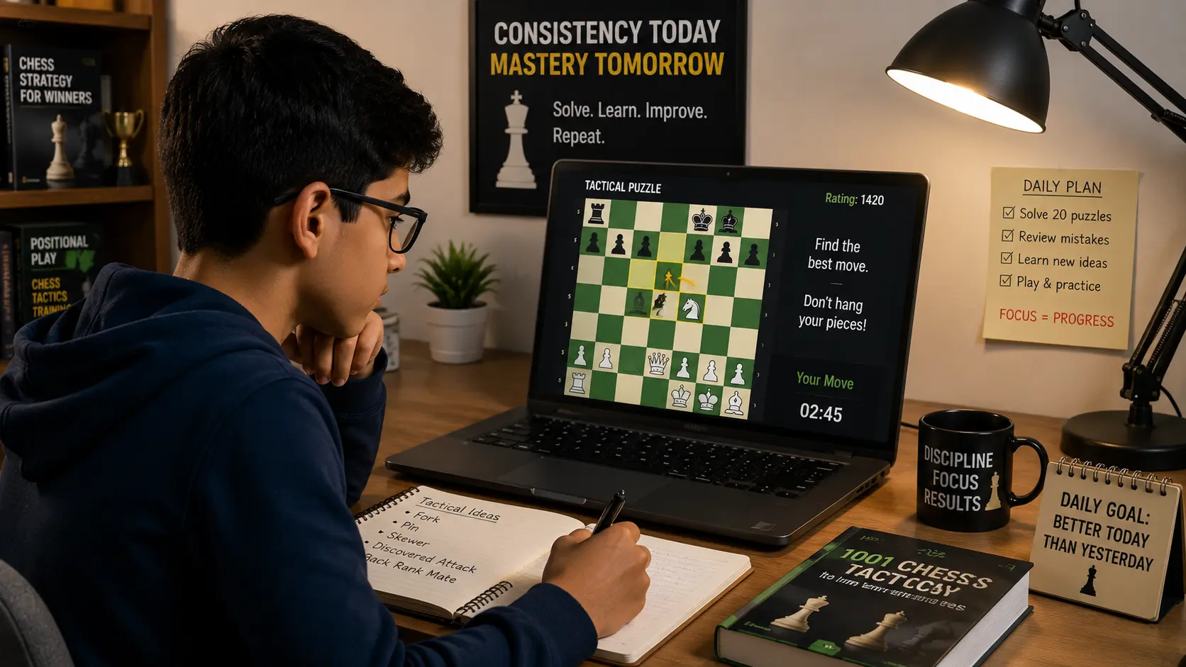 A dedicated student solving daily tactical puzzles to learn chess faster and stop hanging pieces.