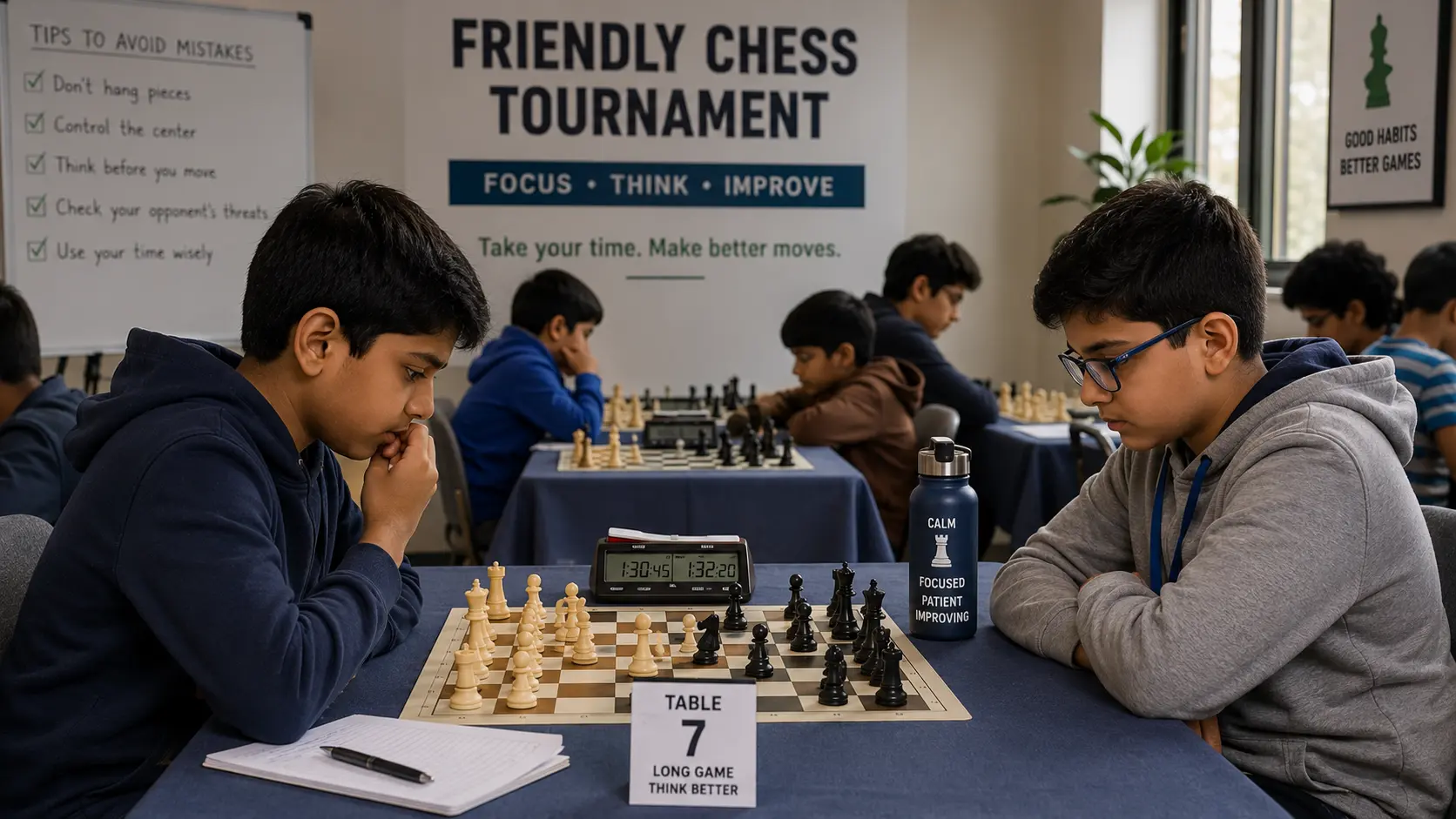 Novice players practicing long time controls at a friendly tournament to avoid common chess mistakes.