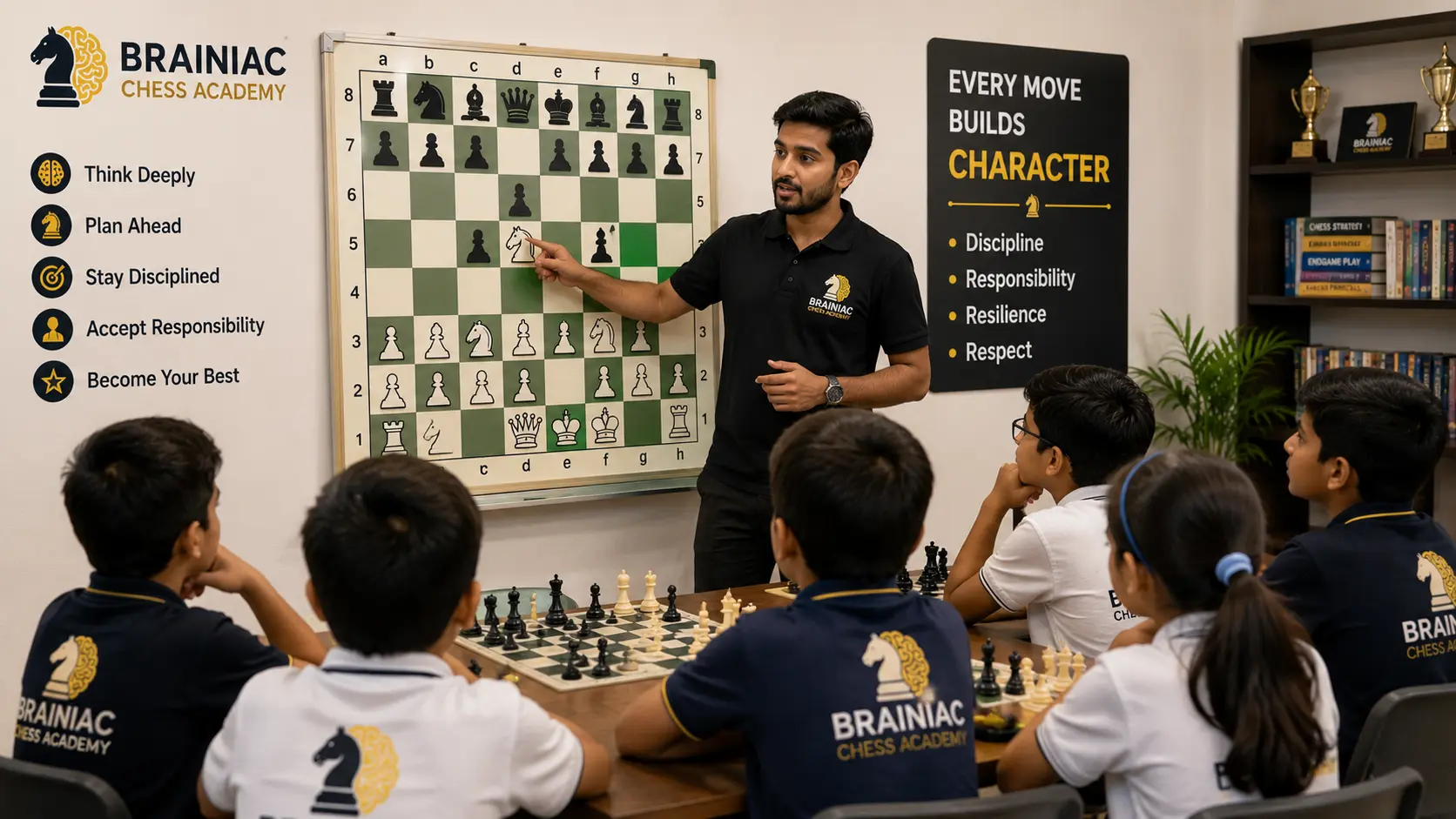 An experienced coach explaining how Chess Character Building works during a group lesson.