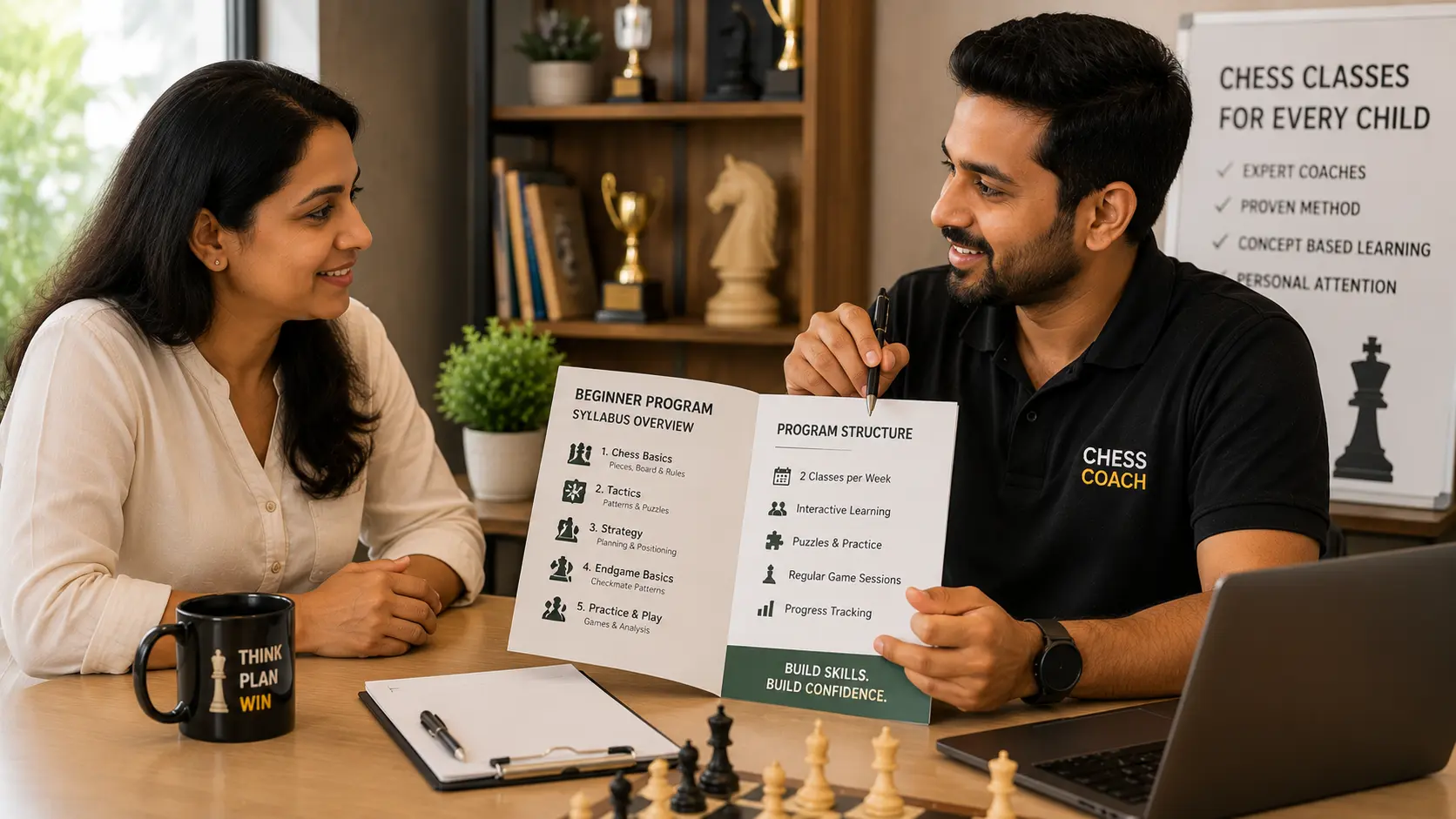 A parent discussing program structure in Chess Classes for Parents with an experienced coach.