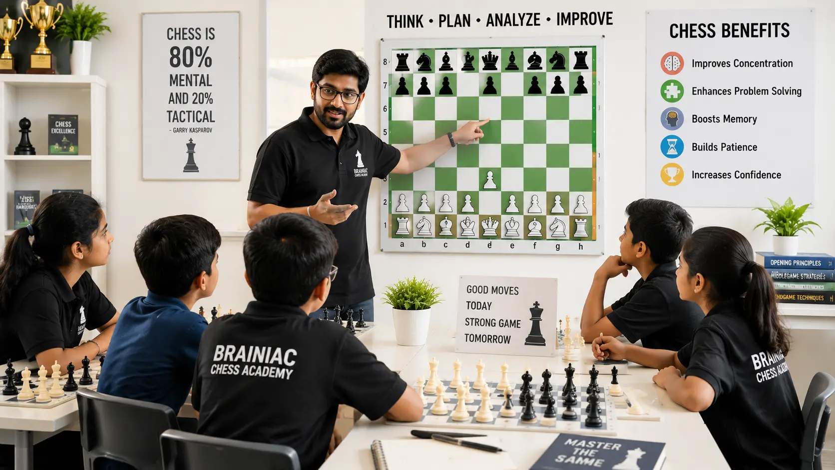 An experienced teacher providing valuable chess education to a group of attentive students.