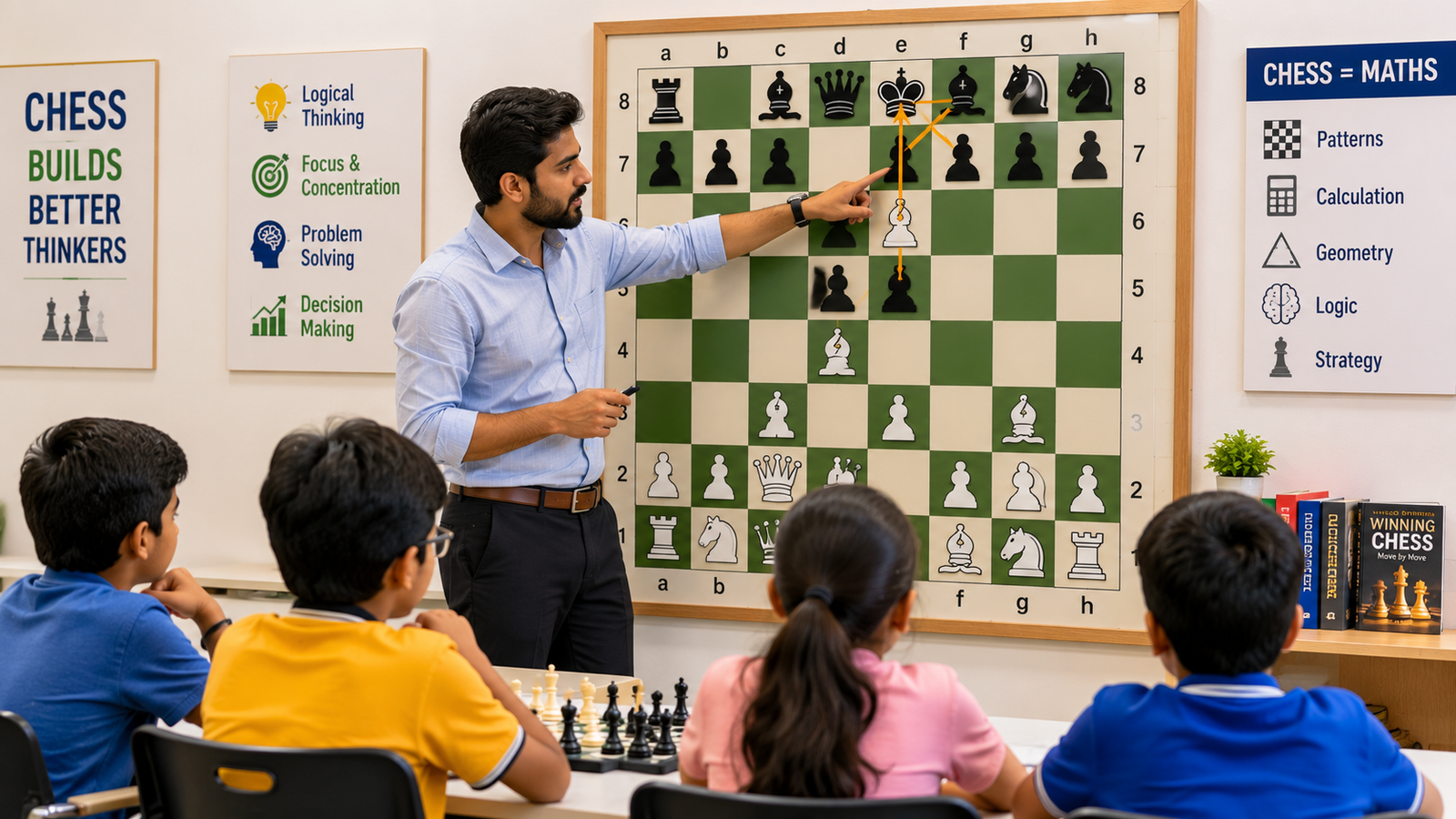 A teacher demonstrating how to use Chess for Logical Thinking on a large demonstration board.