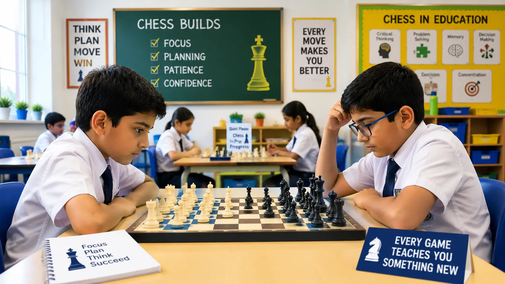 Two young students deeply focused while playing chess in schools during a dedicated educational activity period.