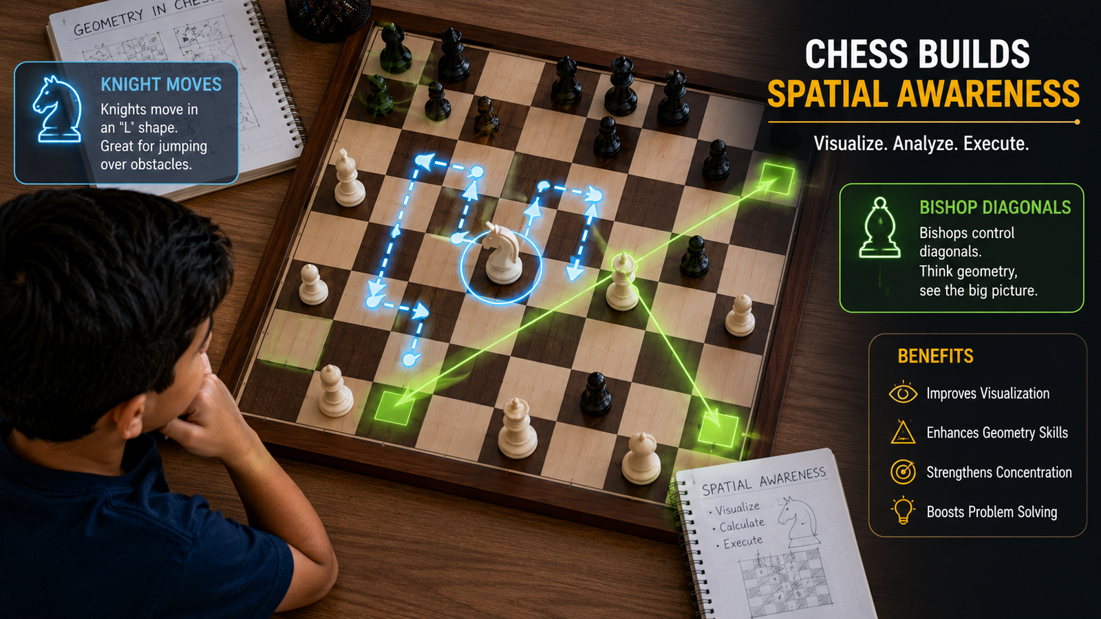 A visual representation of how chess develops geometric understanding and Brain Development.