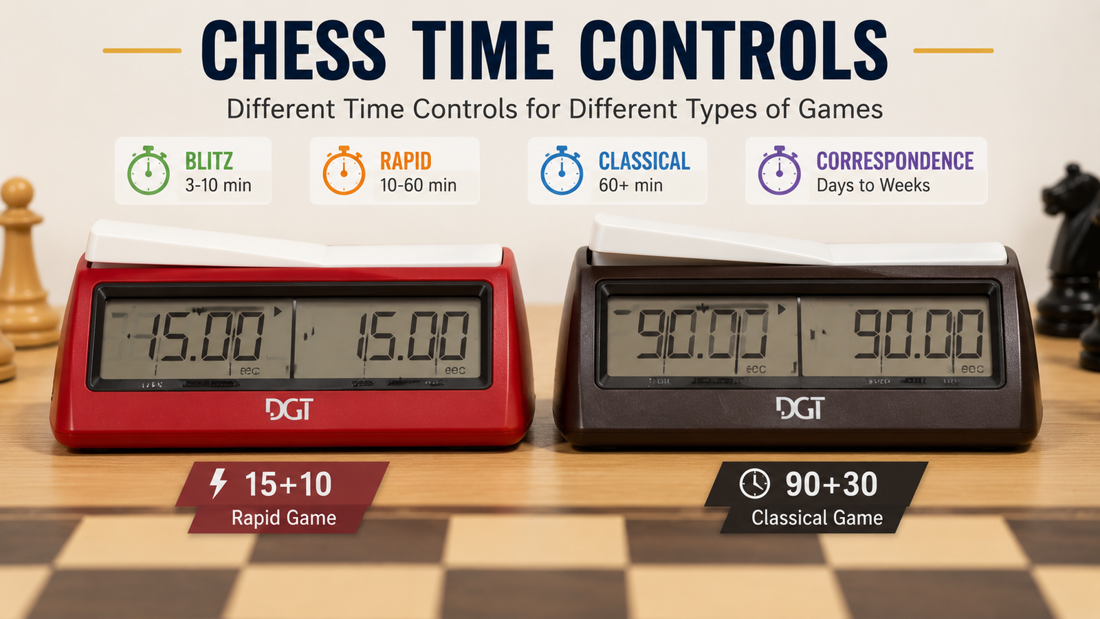 Digital chess clocks displaying different Chess Time Controls for tournament play.