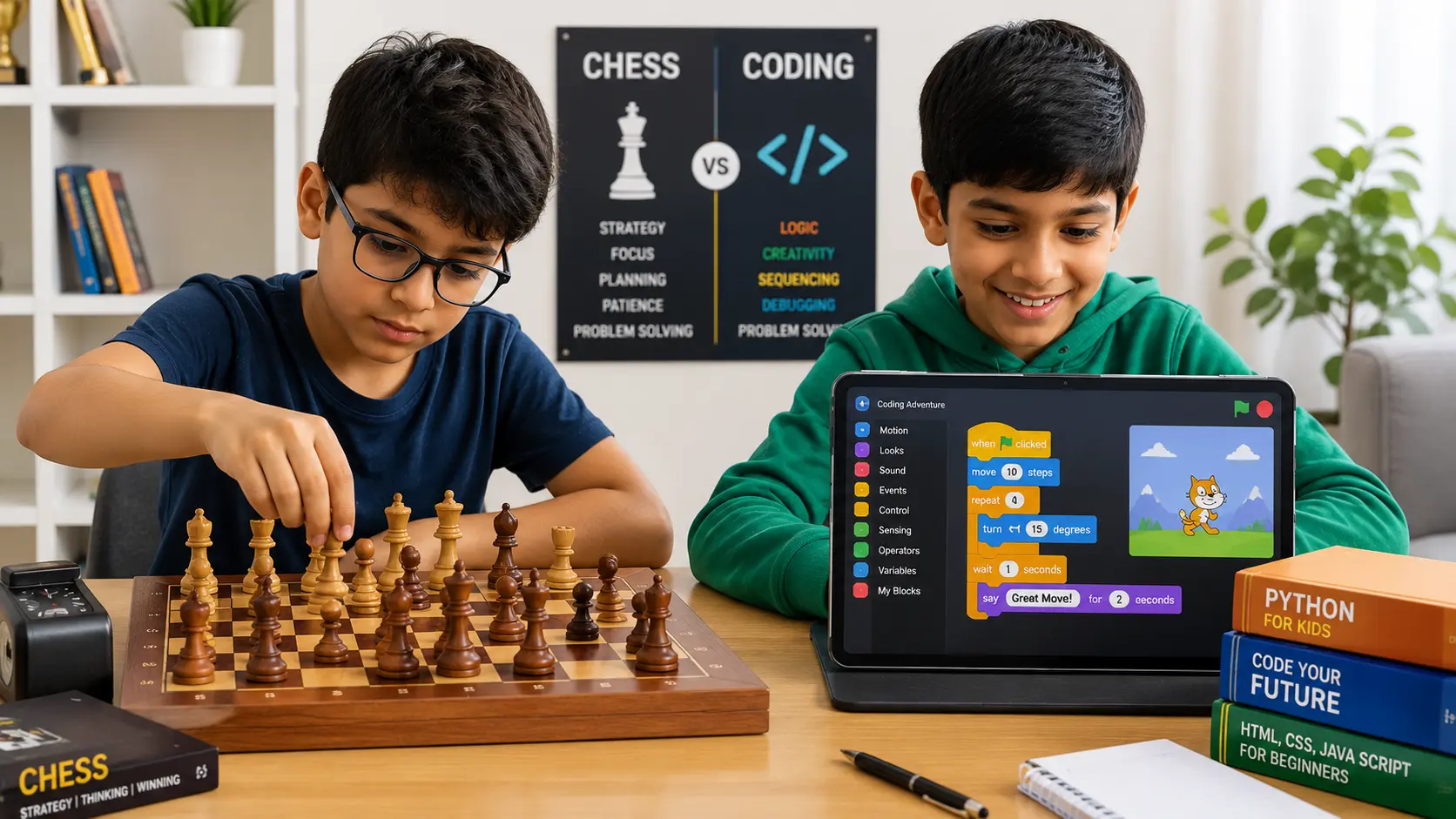 A visual comparison of Chess vs Coding showing one child moving a chess piece and another typing on a laptop.