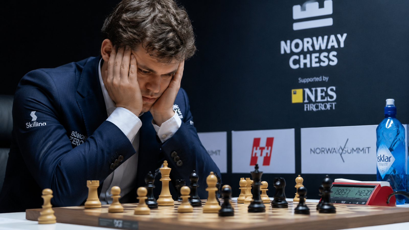 A focused tournament player calculating deep lines during a competitive Classical Chess match.