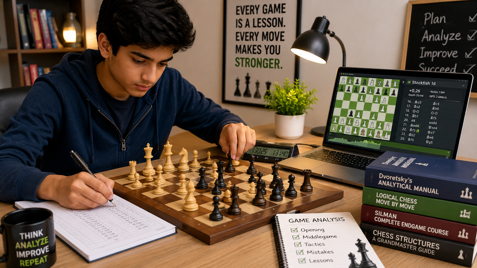 A dedicated chess student analyzing a Classical Chess game using a laptop and physical board.