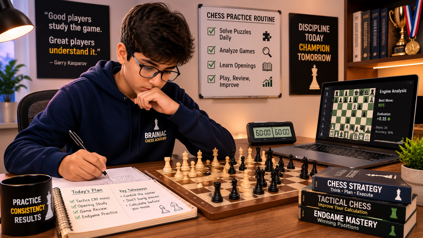 A dedicated player studying a chessboard with a notebook, demonstrating a structured chess practice routine.