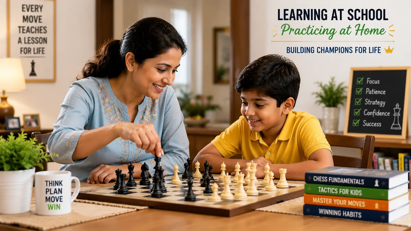 A mother and son playing chess at the dining table to reinforce the chess education learned at school.