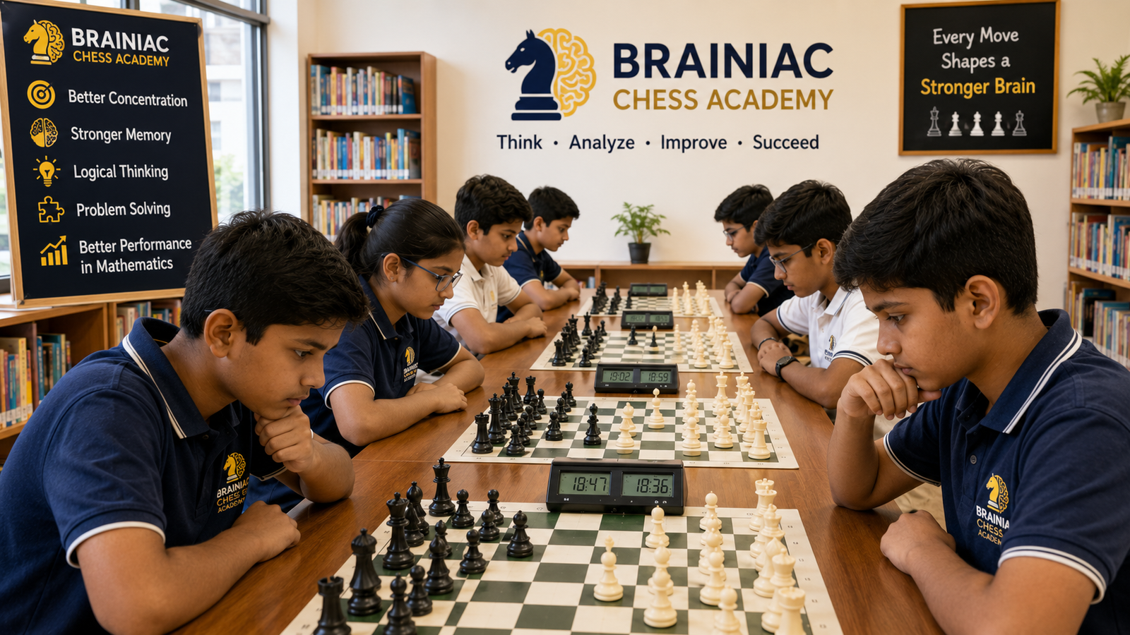 Group of students engaging in Chess and Mathematics activities for Brain Development at a school club.