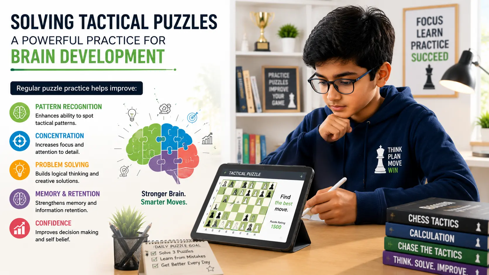 A student solving tactical puzzles, a practice known to significantly aid student brain development.