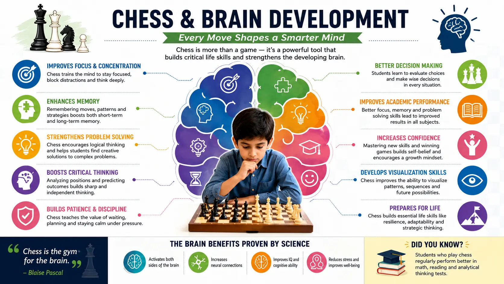 An infographic showing the link between chess and student brain development, including memory and focus.