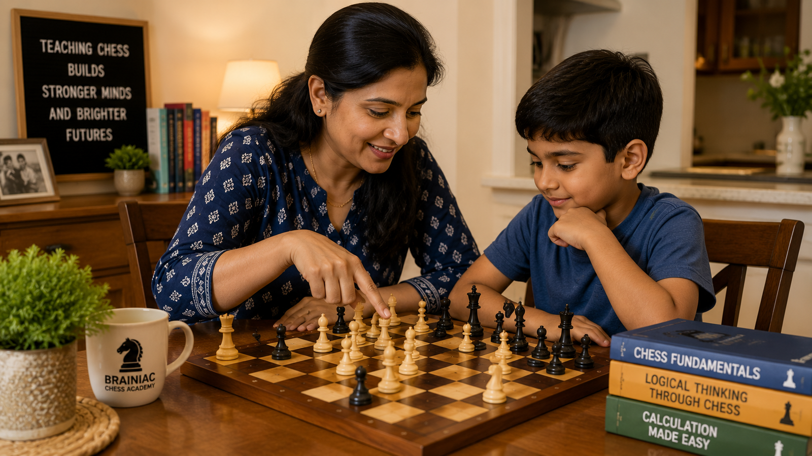 A mother and son enjoying the process of Teaching Chess at Home at their dining table.