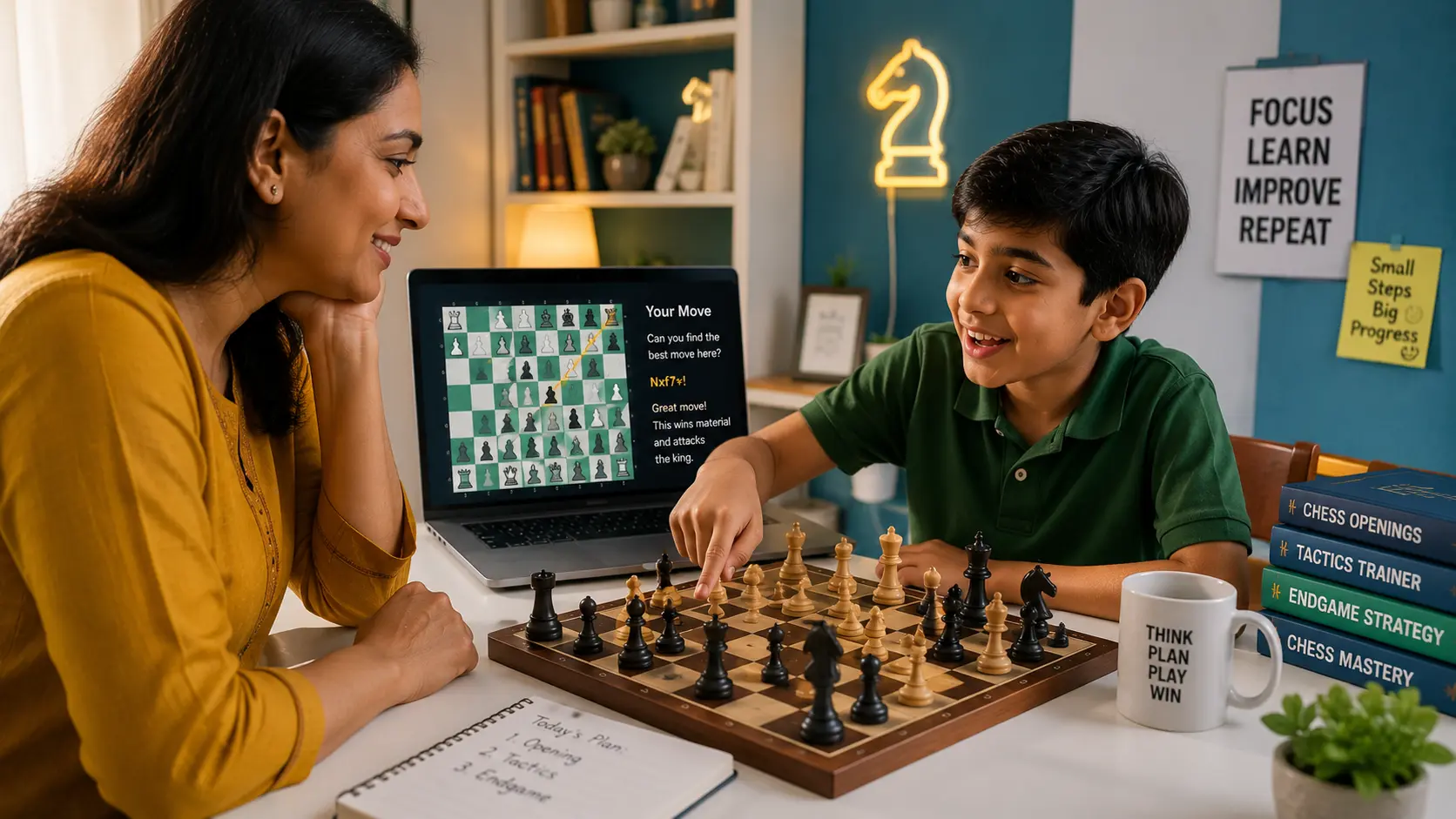 Happy child playing chess on a tablet after completing an online lesson
