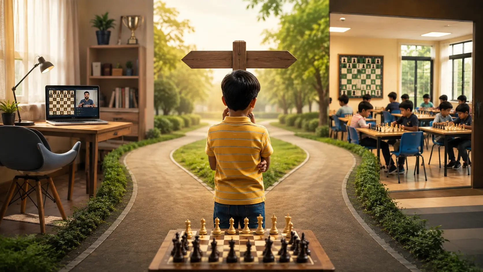 Online vs local chess learning concept illustration