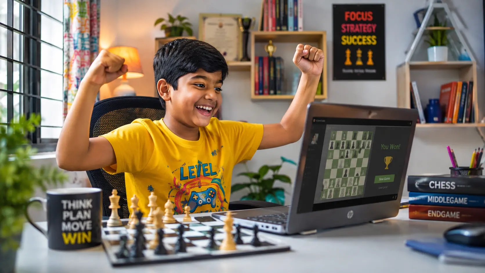 Happy student smiling after finishing an online chess lesson at home