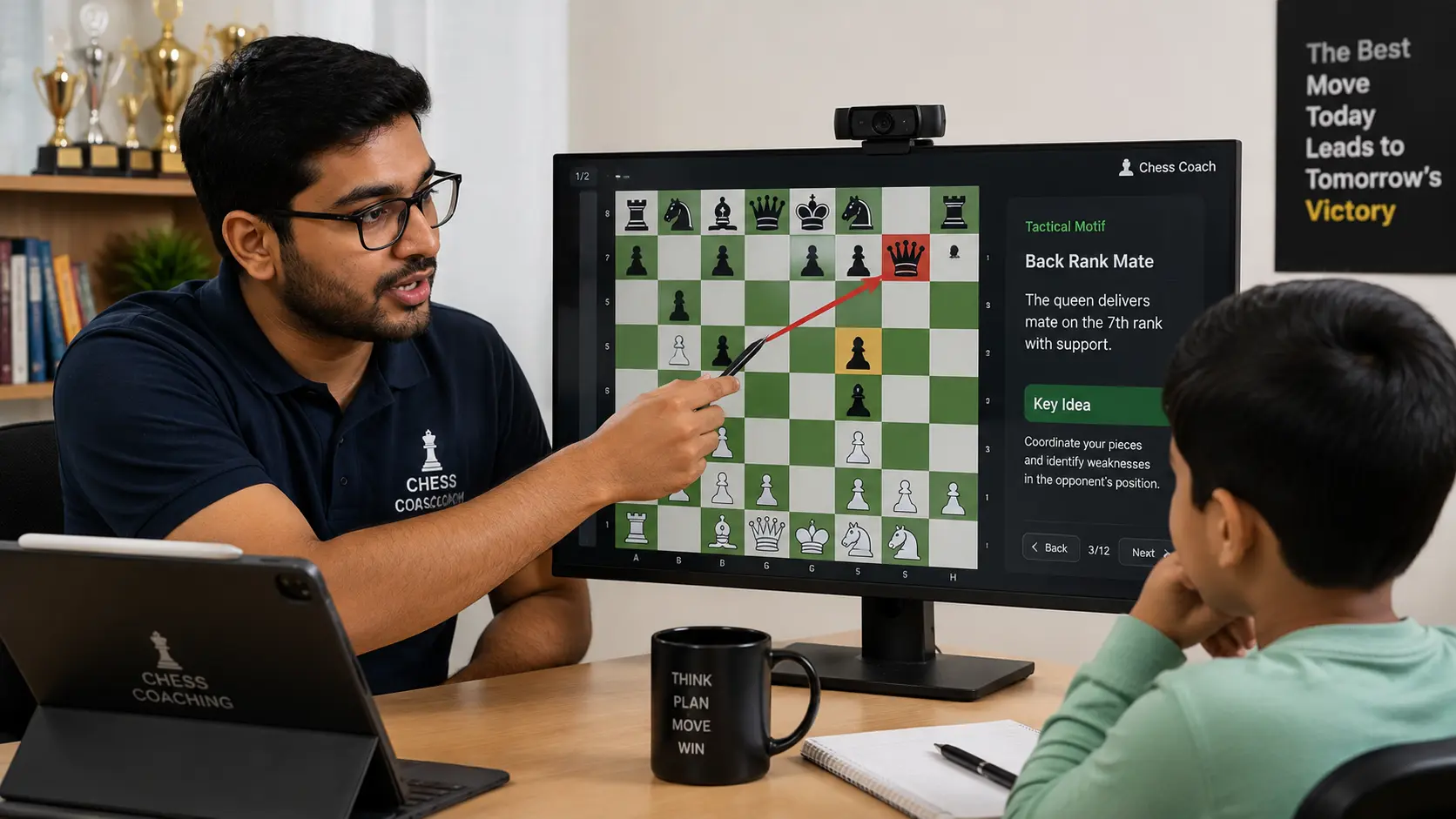 Chess coach demonstrating tactical maneuvers on a digital board