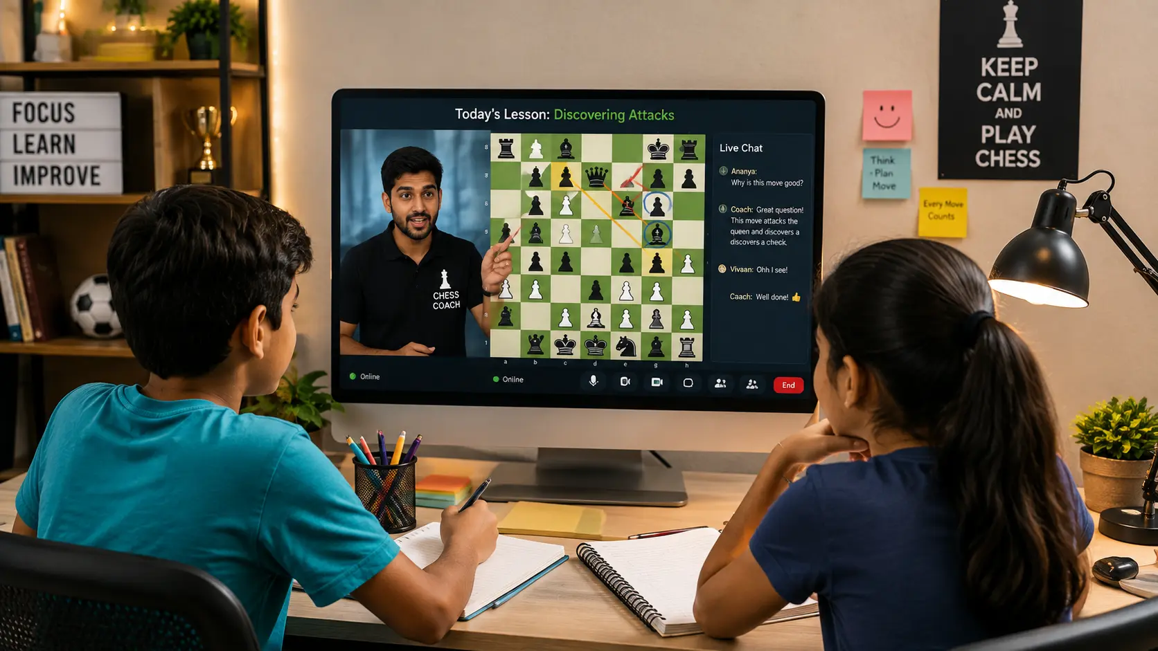 Chess coach explaining tactical moves on an interactive digital board