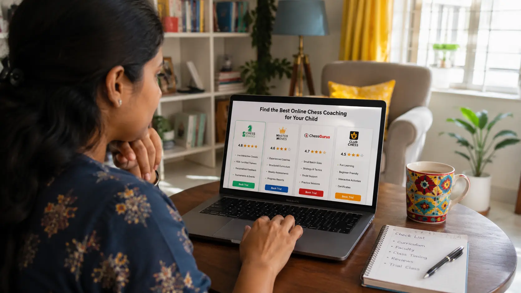 Parent evaluating online chess coaching programs on a laptop