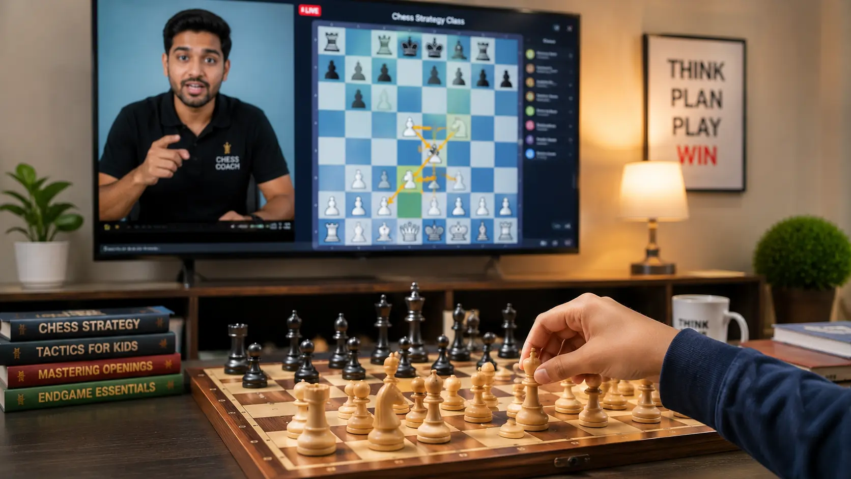 Indian chess coach teaching young student online using interactive board