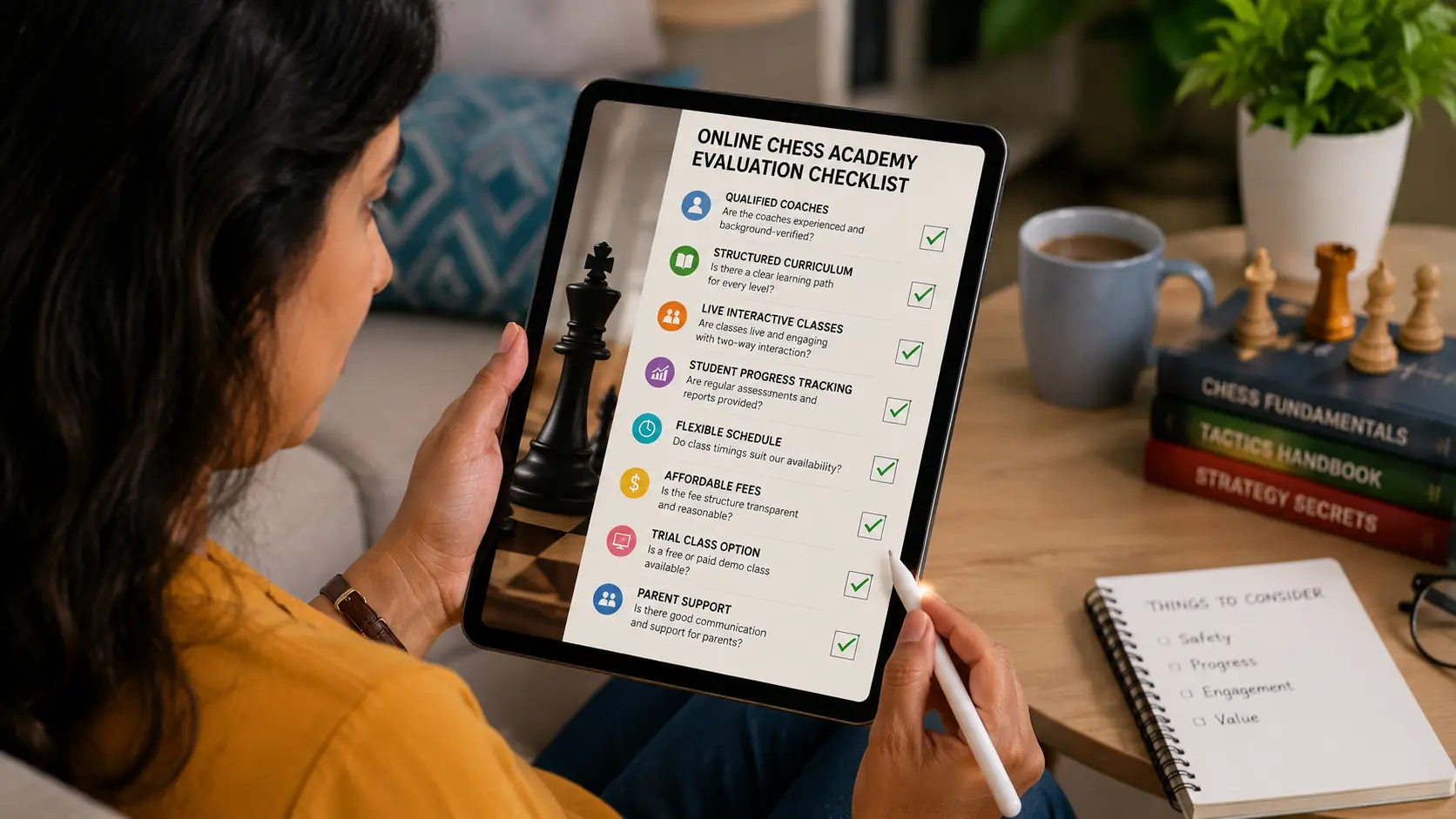 Parent evaluating an online chess academy checklist on a tablet