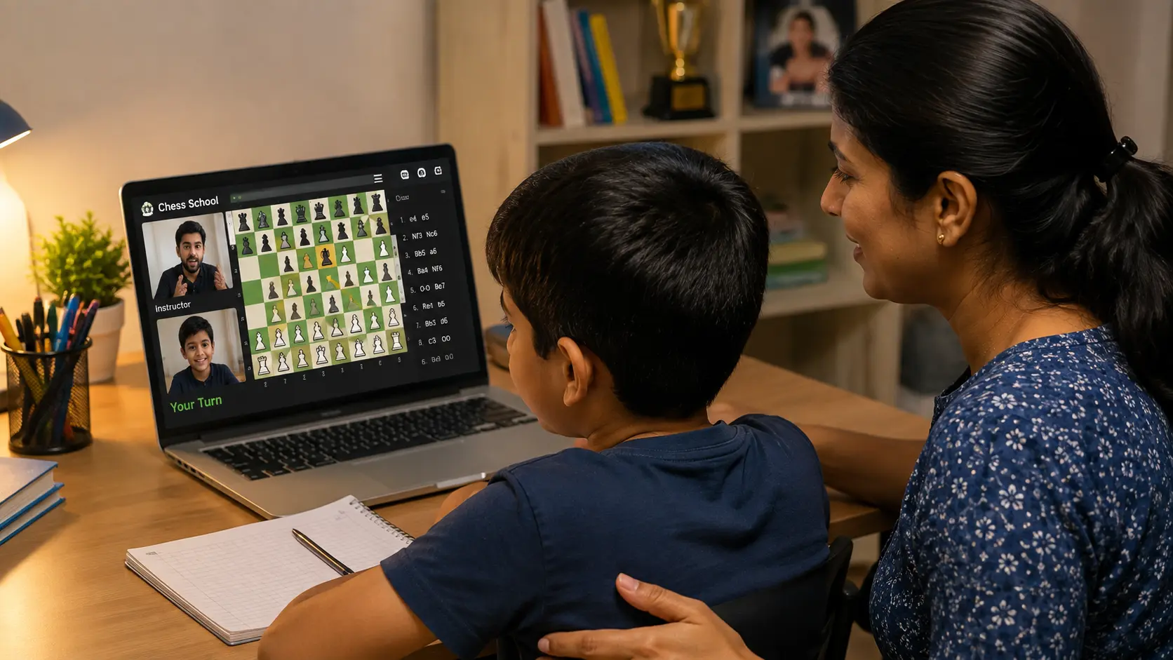 Parent sitting beside child during an interactive online chess session