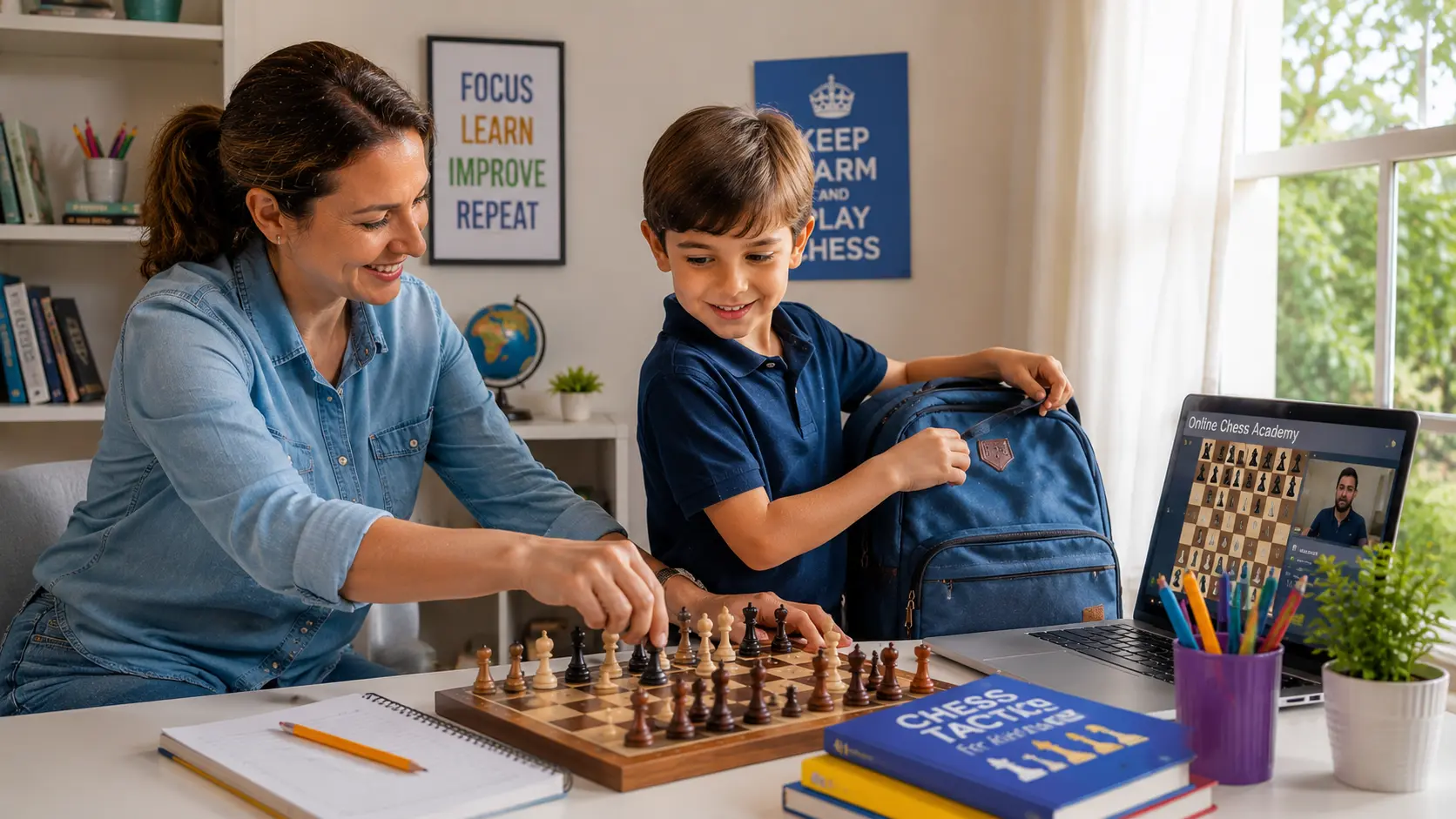 Parent supporting child after school during online chess lesson