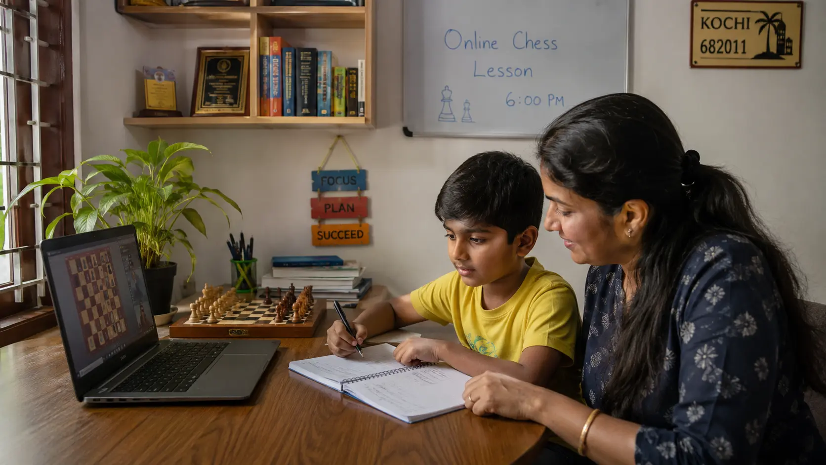 Parent helping child prepare for an online chess lesson in Kochi