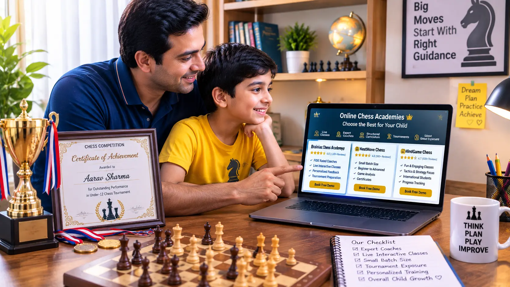 Parent reviewing online chess academy options on a laptop