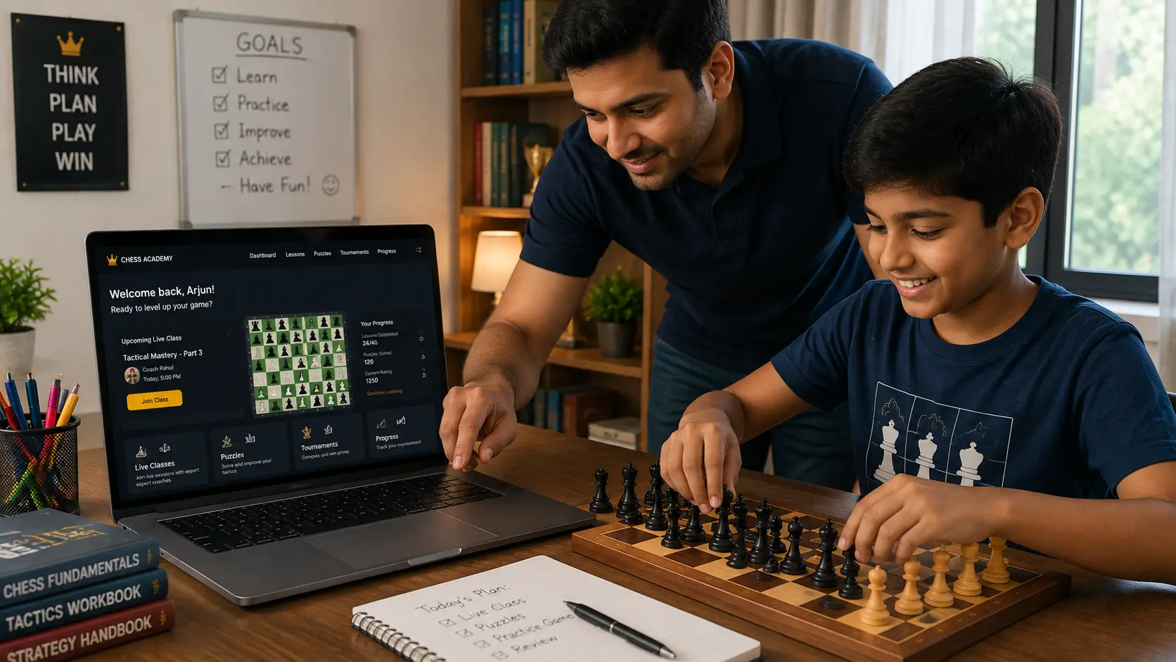 Parent assisting a child preparing for online chess coaching in Ahmedabad