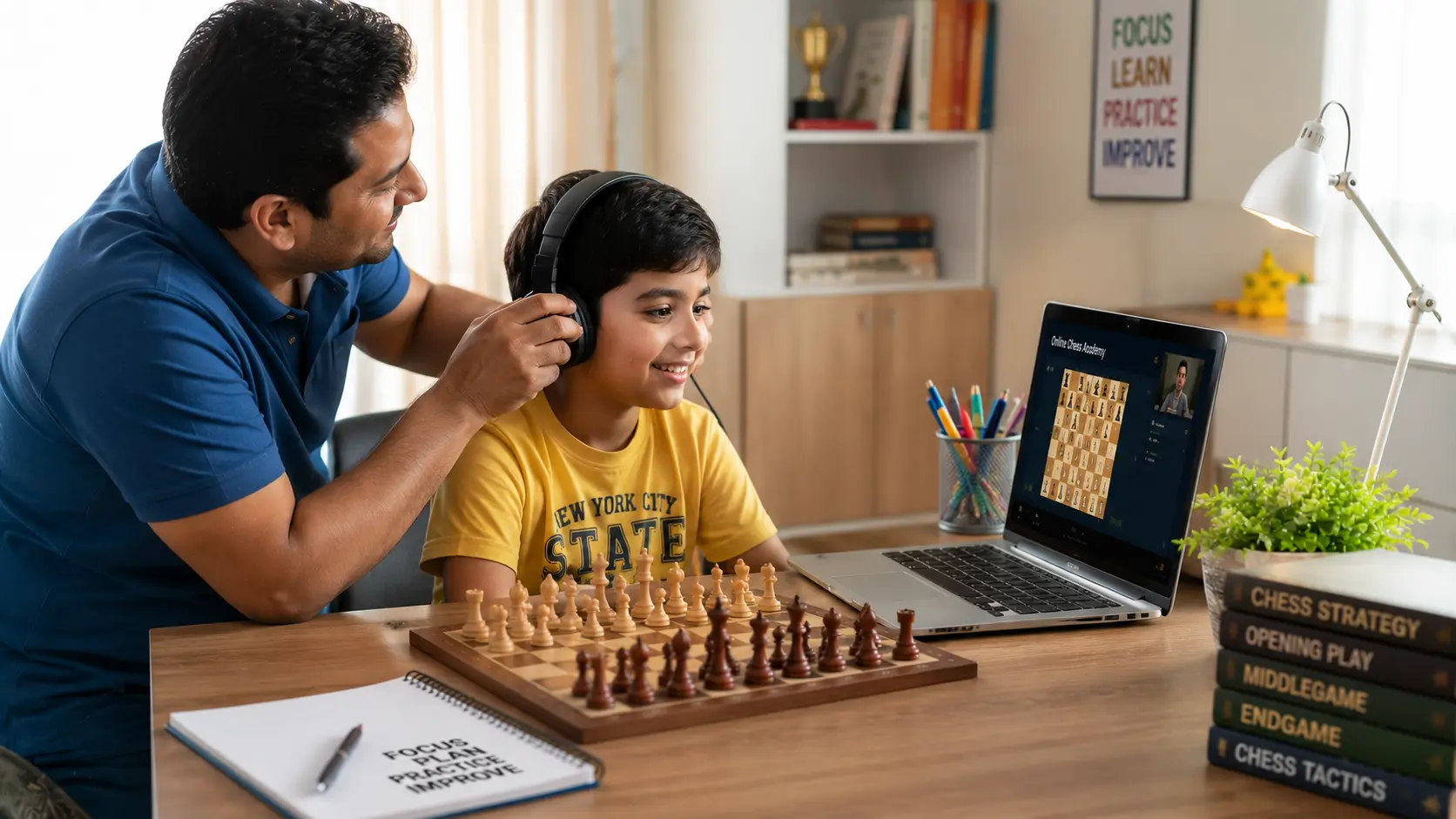 Parent helping child set up for an online chess class in Kolkata